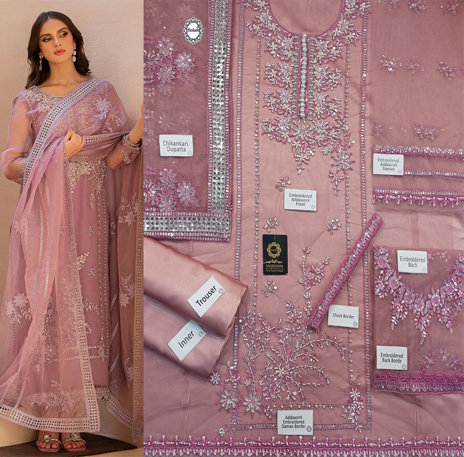 Luxury Addawork Embroidered Tea Pink Dress