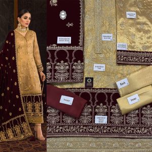 Embroidered Velvet Wedding Dress Gold And Mehroon