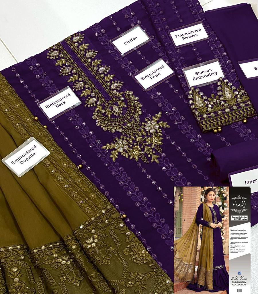Chiffon and Malai Embroidered Purple Dress