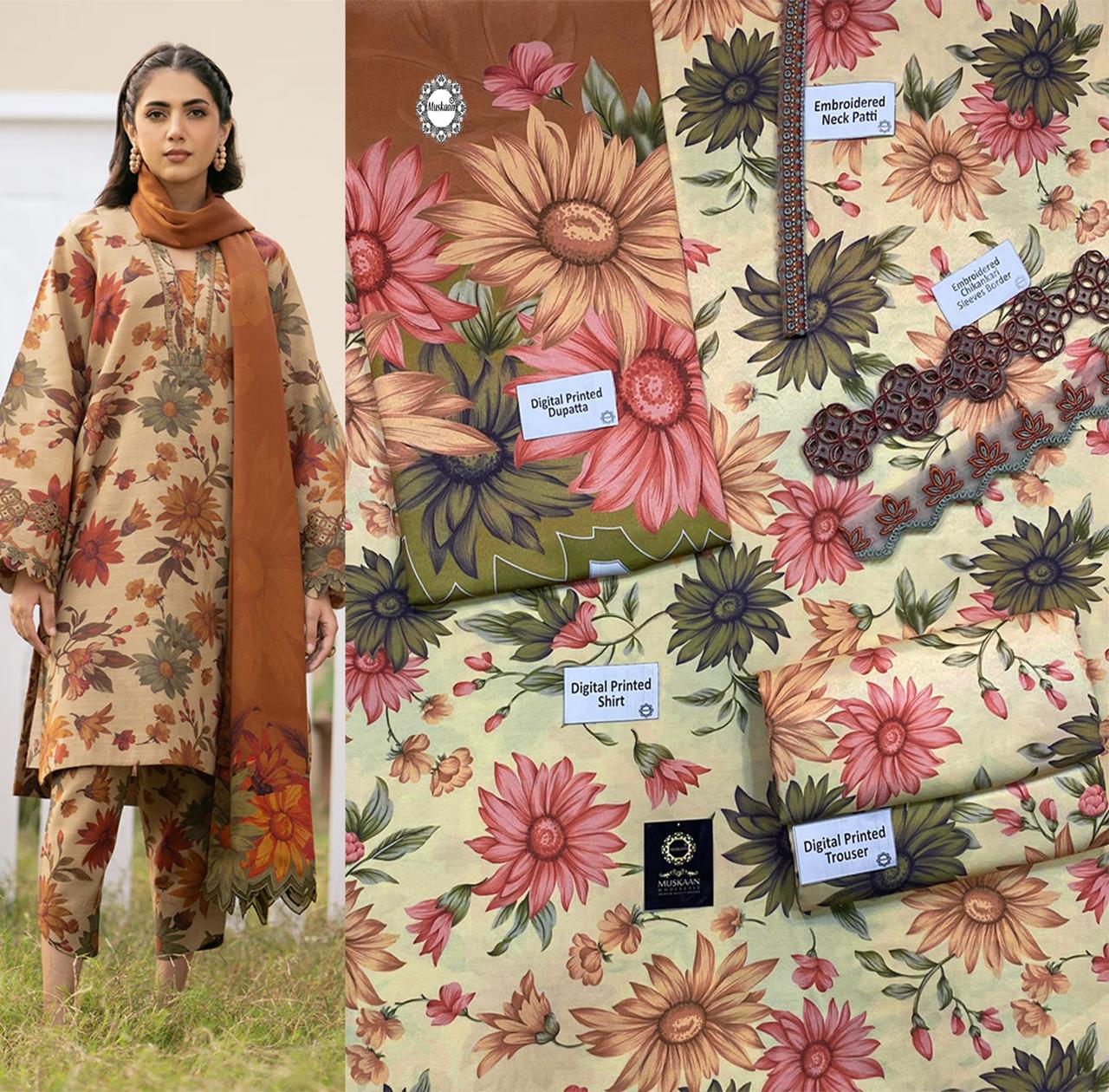 Digital Printed Pashmina Wool Beige Eleganza Dress