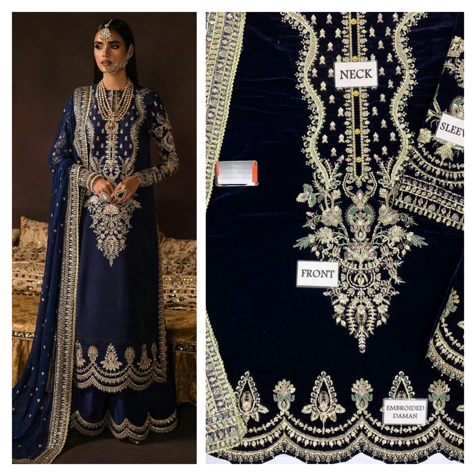 Velvet Embroidered Dress With Net Dupatta