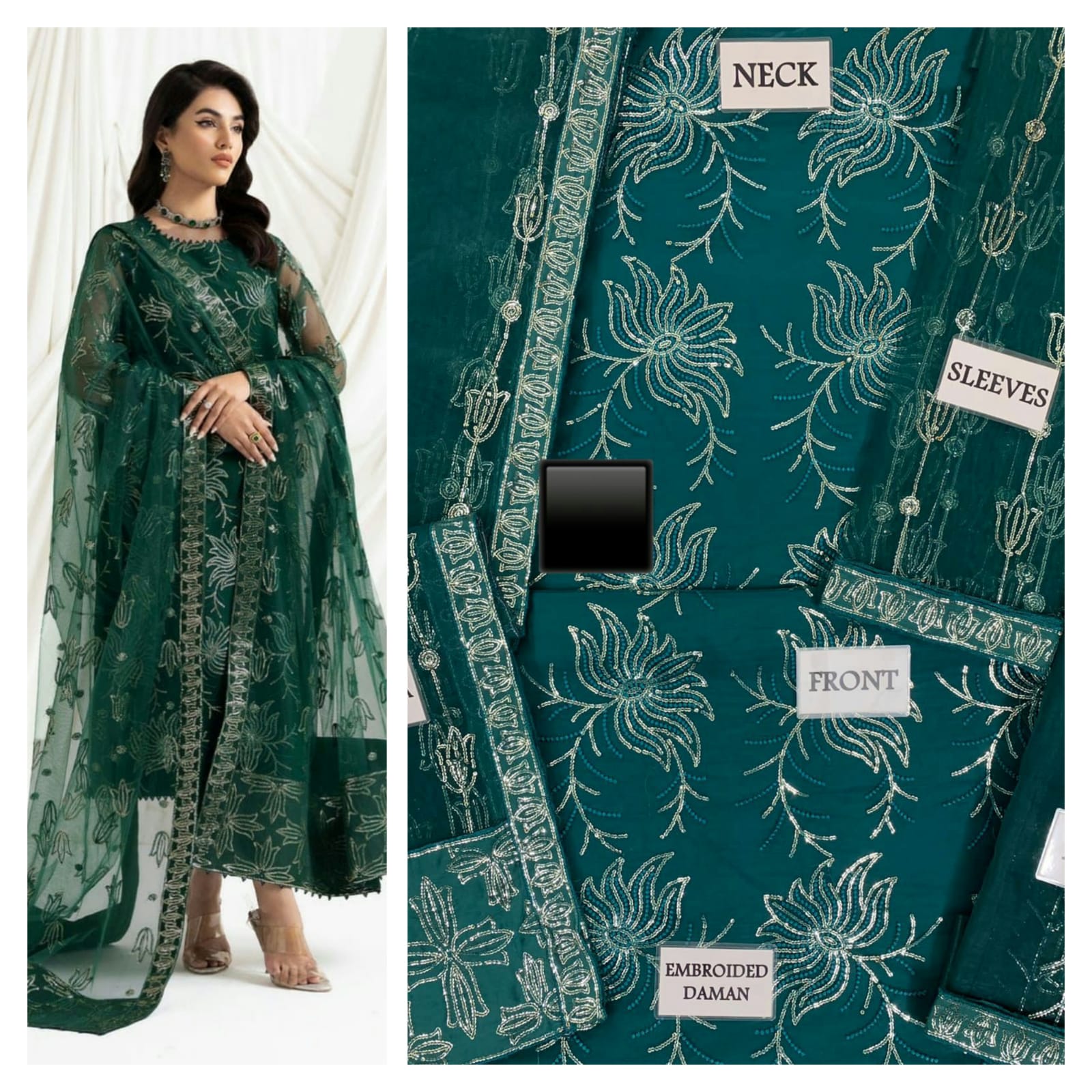 Heavy Embroidered Sea Green Baroque Dress