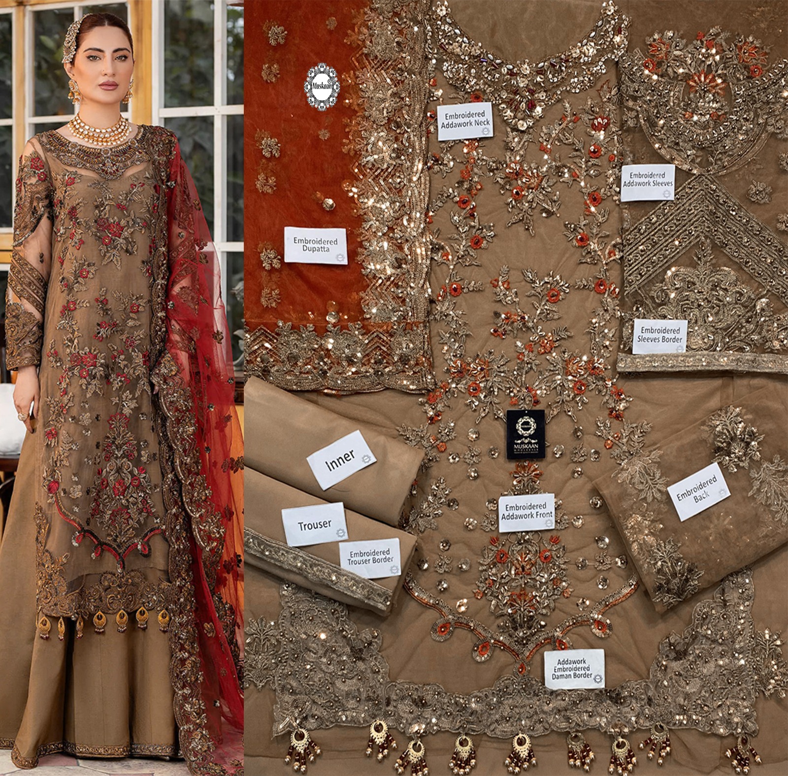 Embroidered Brown and Red Addawork Wedding Dress