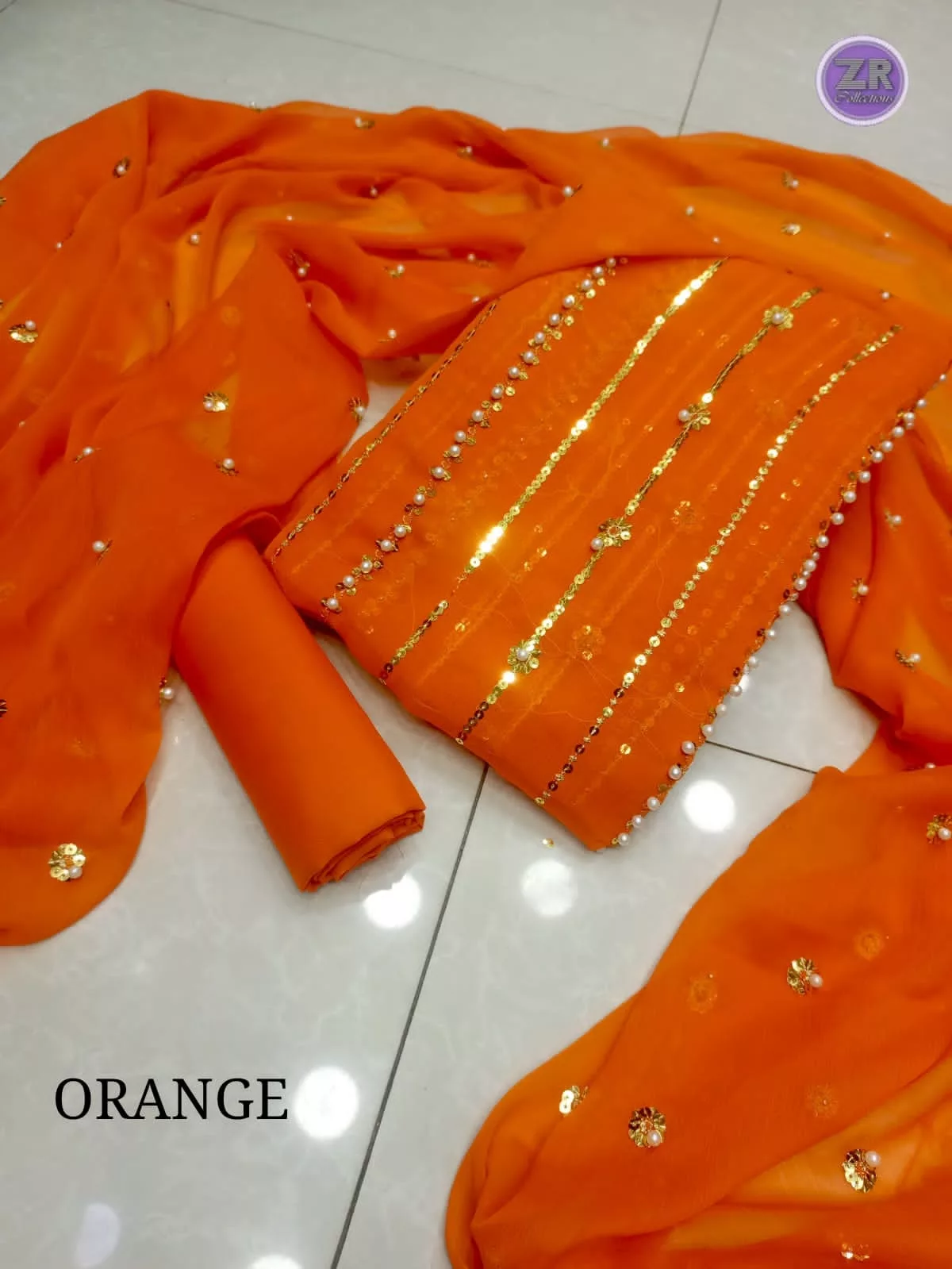Chiffon Moti Work Dress Orange Color