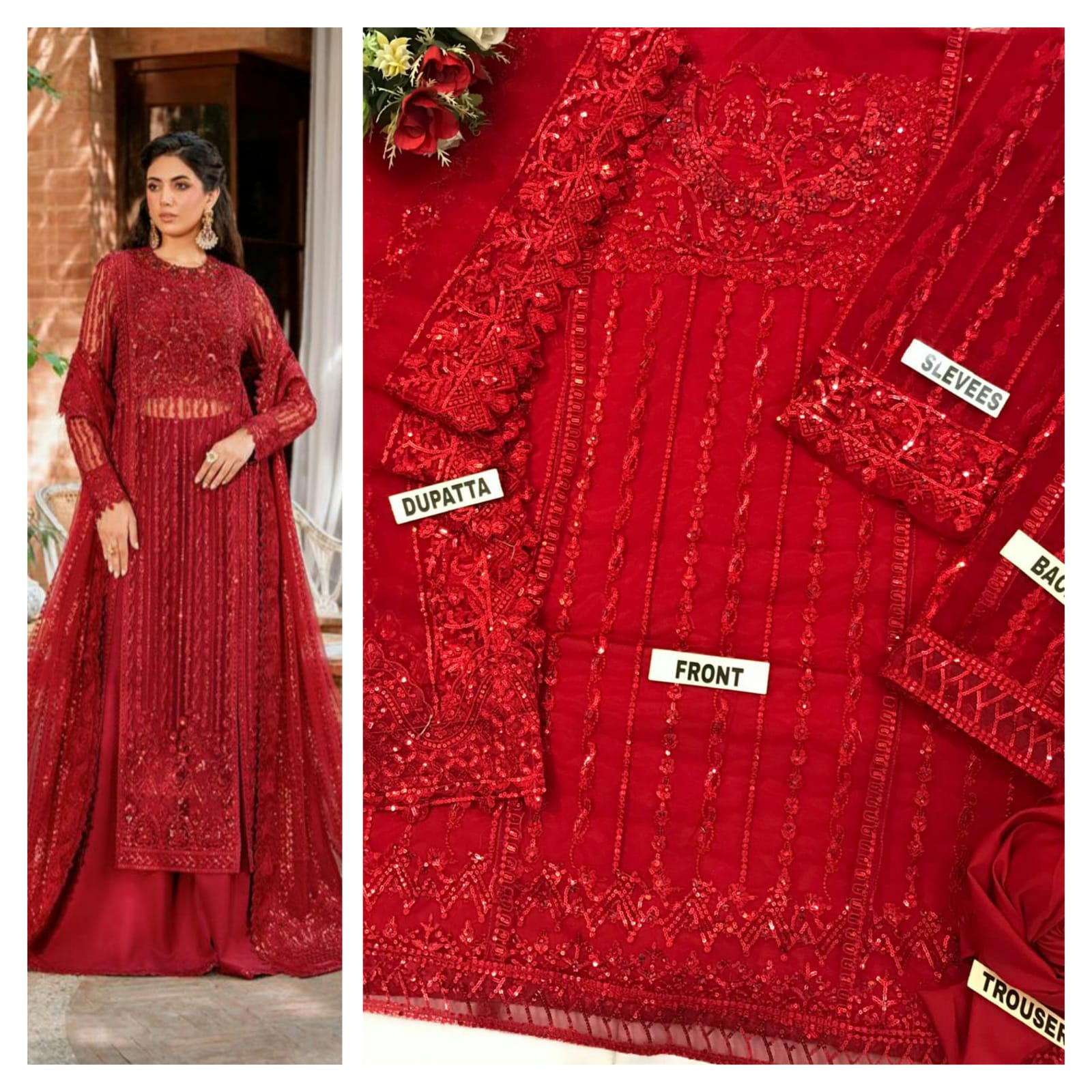 Royal Red Net Embroidered Suit With Malai Trouser