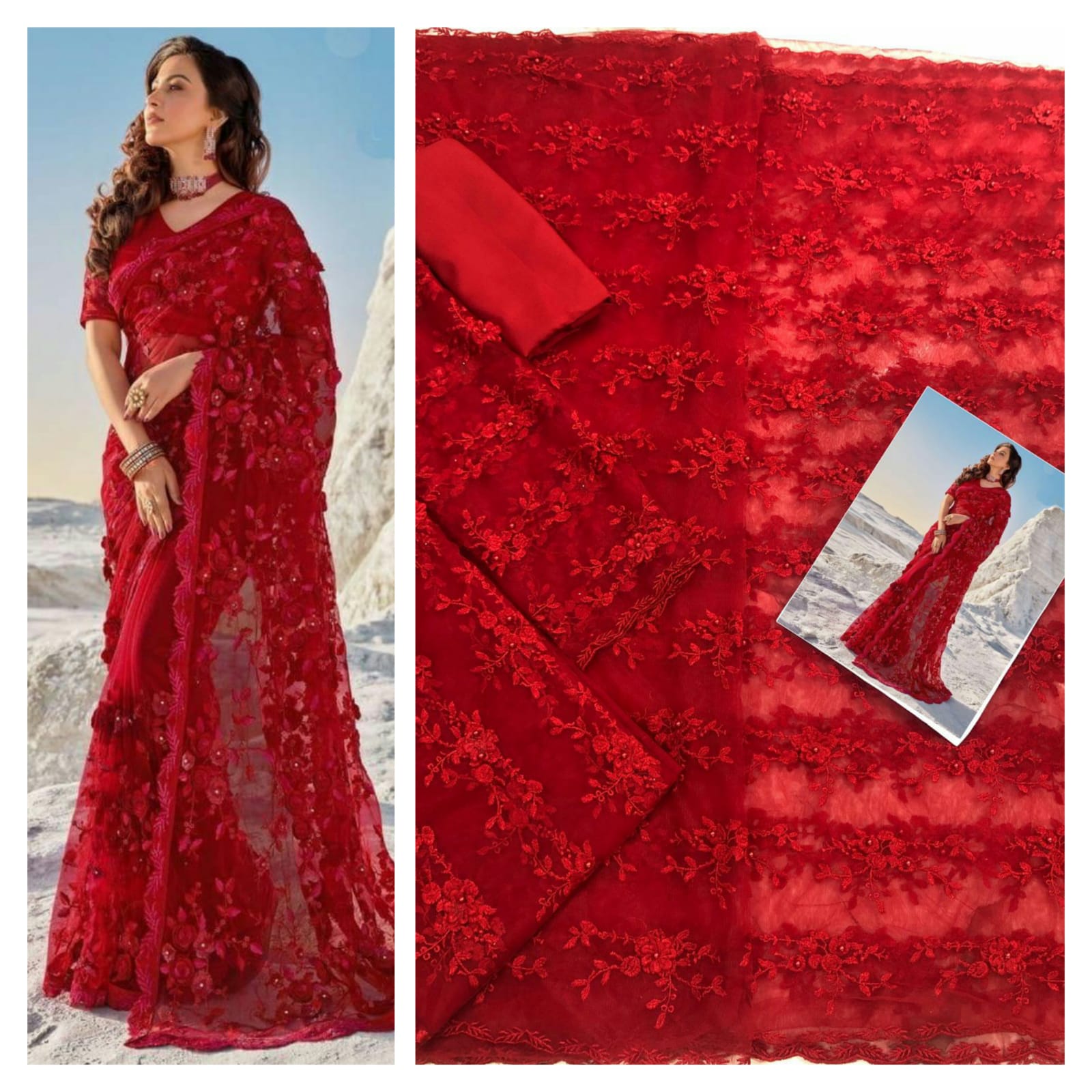 Thread Embroidery 3D Flowers Red Saree