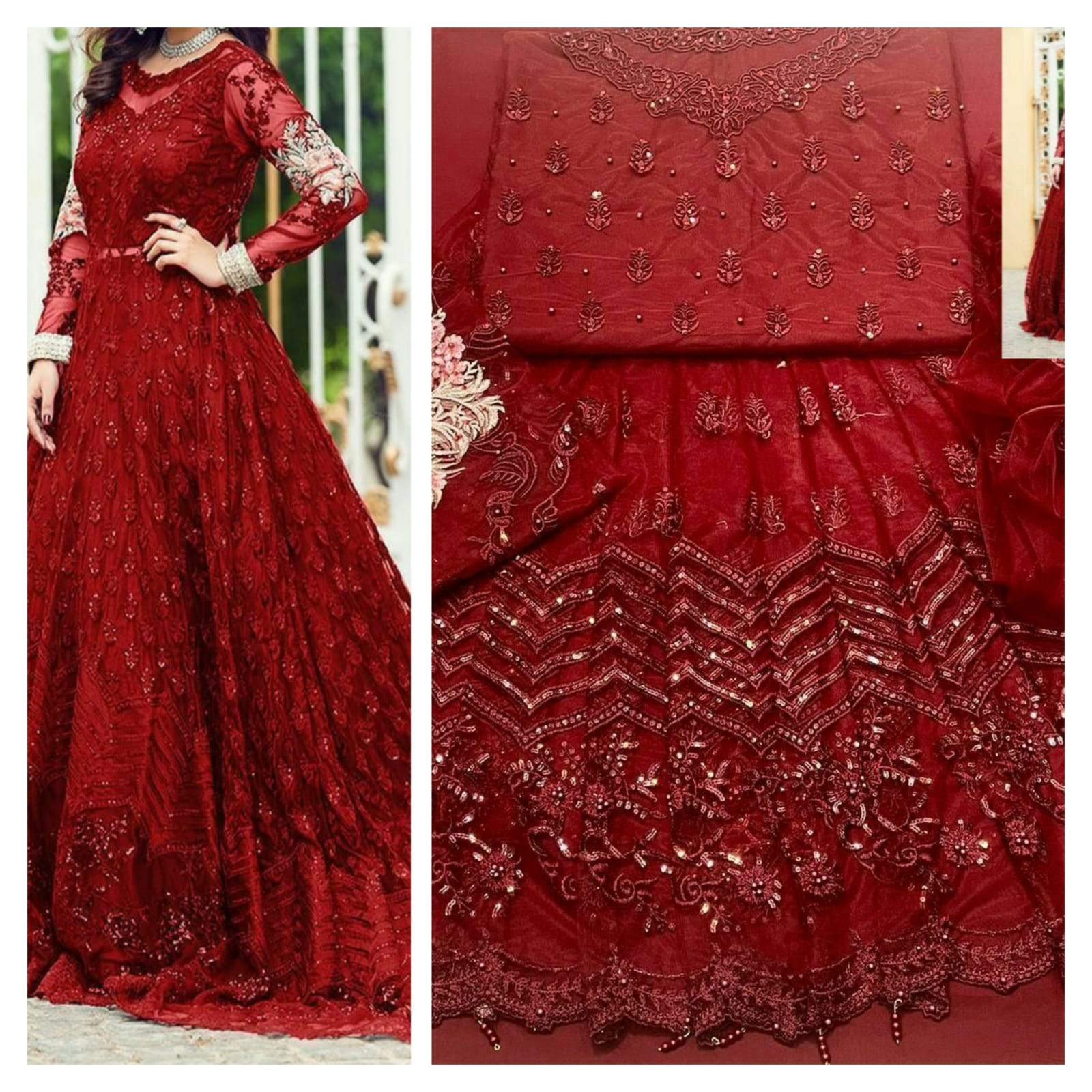 Red Net Heavy Embroidered Maxi ZC