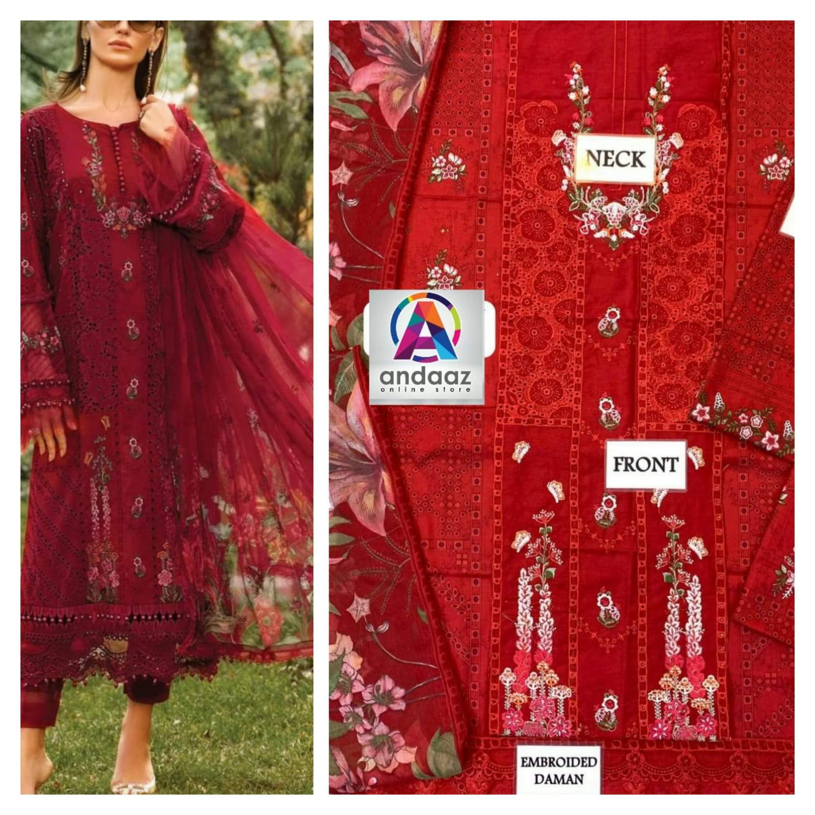 Red Lawn Printed and Embroidered Dress