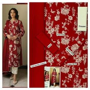 Embroidered Red Lawn Dress For Summer
