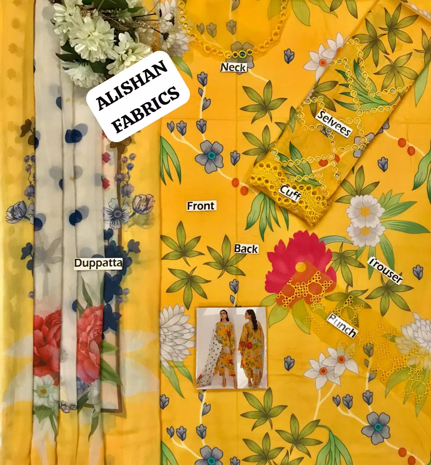 Yellow Digital Printed Lawn and Organza Dress - Image 2